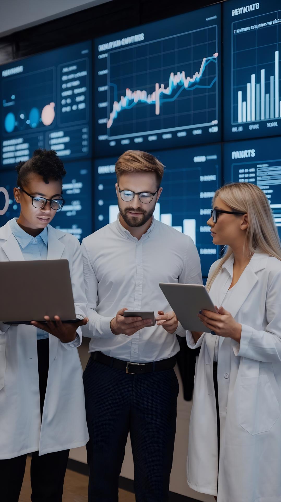 Caucasian Male Female Data Scientists With Laptop Tablet Standing Big Digital Scree